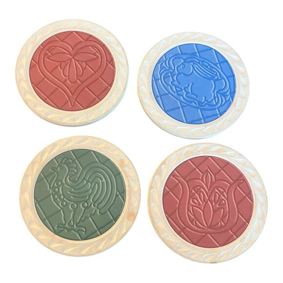 Longaberger Coaster Set Of 4, Cork Backing, Heart Rooster Rabbit & Tulip 4 1/8" - Picture 3 of 9